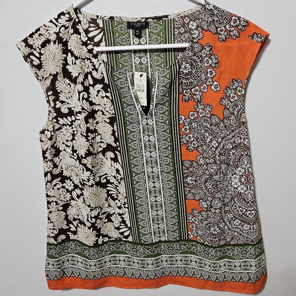 NWT Talbots Blouse Women's Paisley Sleeveless Business Top Sateen Size PM